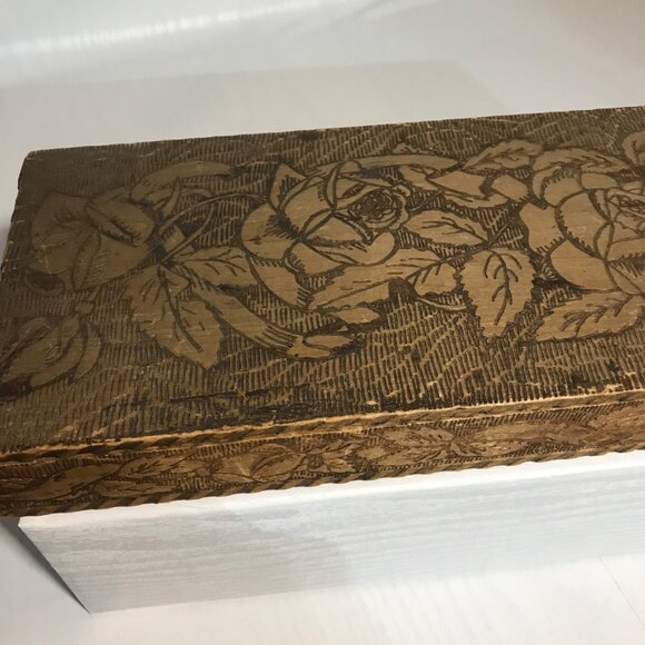 Wooden Trinket Scarf Box Vintage Hand Carved Floral Design Wood Burning Rustic - Picture 12 of 16